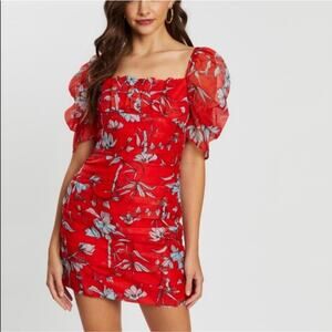 Charlie Holiday Palma Floral Puffy Sleeve Dress Women's Size 4 NWOT Milkmaid Red